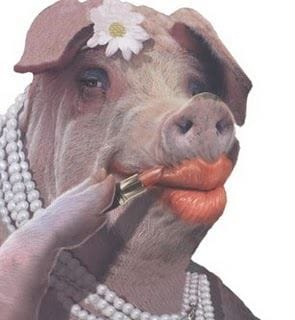 A pig applying lipstick